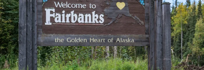 Fairbanks, Alaska - August 28, 2022: Welcome to Fairbanks sign along the highway outside of Fairbanks, Alaska